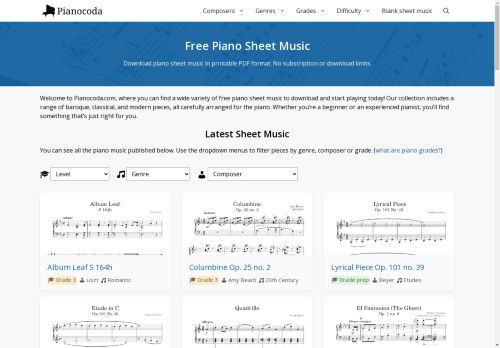 Free Piano Sheet Music in Printable PDF