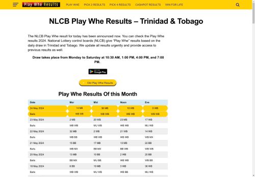 NLCB Play Whe Results – Trinidad & Tobago