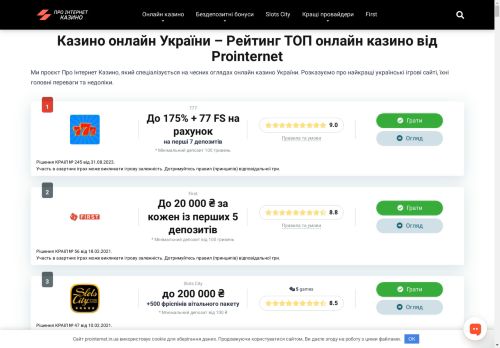 Казино онлайн України – Рейтинг топ online casino від Prointernet