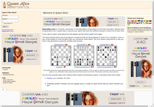 Queen Alice Internet Chess Club - Play free turn based Correspondence Chess in your web browser!