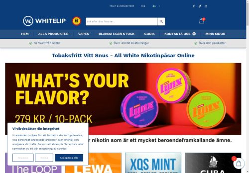 Tobaksfritt Vitt Snus: All White Nikotinpåsar Online Sveriges Största Utbud - Fri Frakt & Bra Priser​ - Whitelip.se