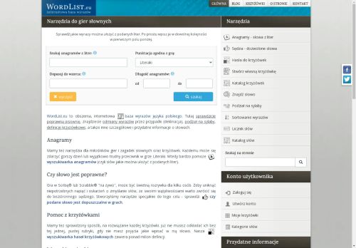 WordList - wyszukiwarka anagramów, wyrazów i haseł do krzyżówek