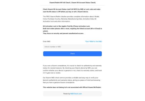 Xiaomi/Redmi Mi Account , Country, Warranty Check - FREE | XiaomiCheck.com