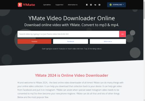 YMate video downloader online. Download Youtube, Instagram, Twitter and Facebook videos with YMate.